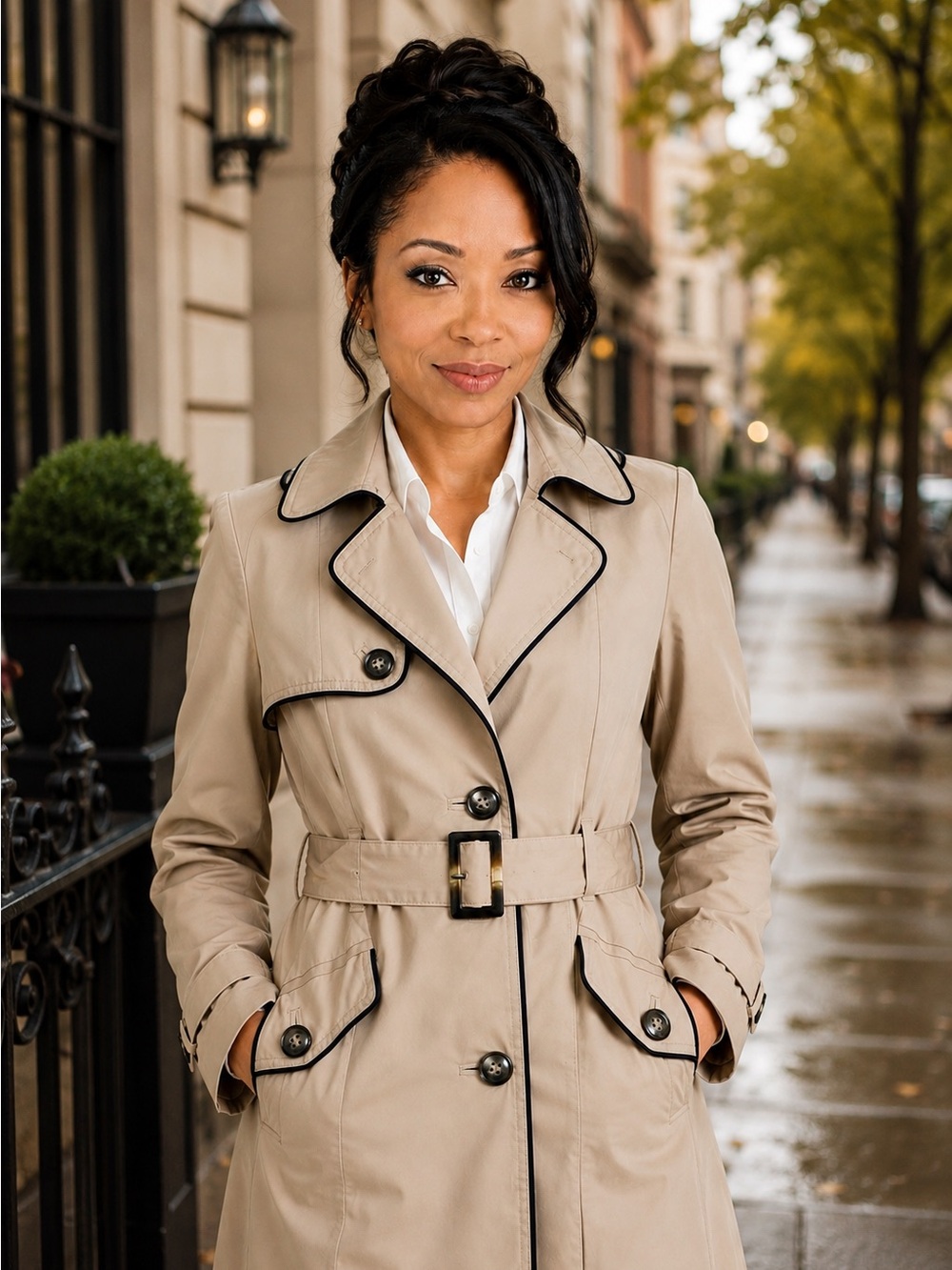 H&M Tan Trench Coat with Black Piping